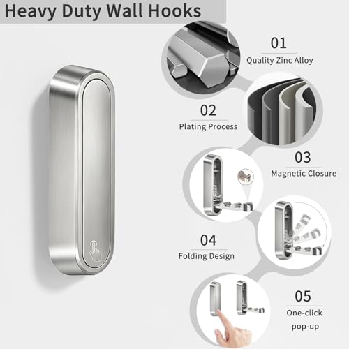 6PCS Foldable Wall Hooks, Zinc Alloy Flip Down Hooks, Retractable Wall Hooks for Bathroom, Entryway, Hanging Coats Hats Bags Keys (Silver) - color: Silver, size: 6 Hooks