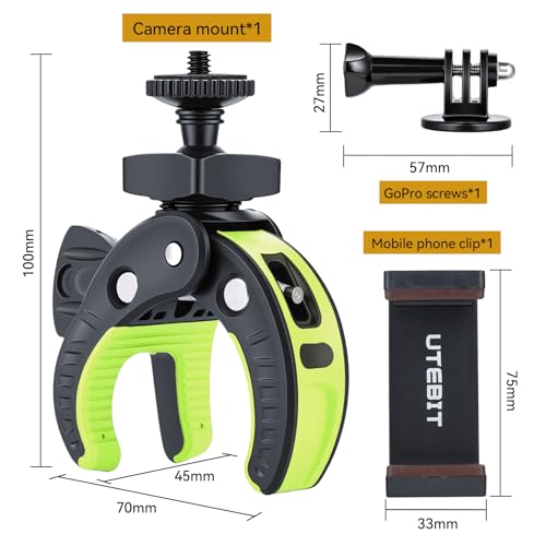 UTEBIT Super Clamp Camera Mount Kit for Gopro, 360° Rotation 1/4 Screw Head Cell Phone Tripod Mount, Adapter Mount Compatible with Action Cam DSLR Bike Motorcycle Handlebar Accessories Black/Green - color: Black + Green