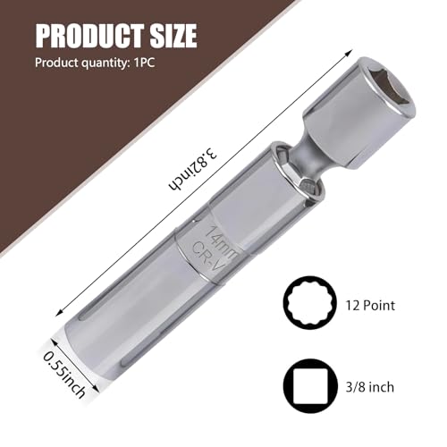 Downhill 1 PC 14mm Spark Plug Socket, Ultra-thin 3/8" Drive 12-Point Spark Plug Socket, 360 Degrees Socket Removal Tool, Universal for Most Cars Motorcycles (Silver)