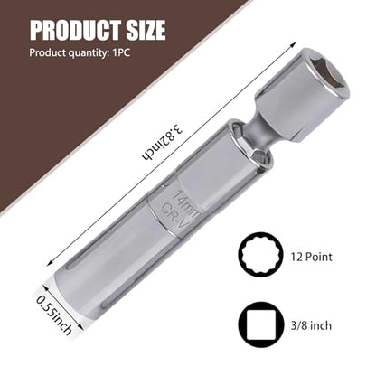 Downhill 1 PC 14mm Spark Plug Socket, Ultra-thin 3/8" Drive 12-Point Spark Plug Socket, 360 Degrees Socket Removal Tool, Universal for Most Cars Motorcycles (Silver)