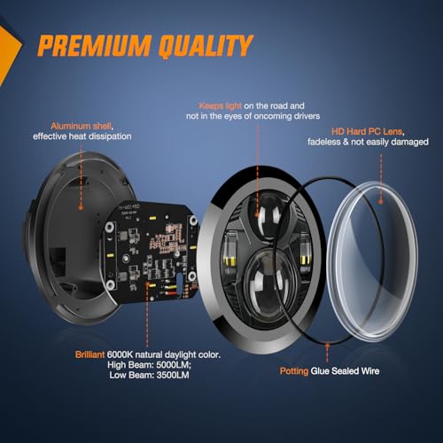 Nilight 5-3/4 5.75 Inch Motorcycles LED Headlight Compatible with Harley Davidson Sportster Iron 883 Dyna Street Bob Super Wide Glide Low Rider Night Rod Train Softail, Black - color: 5.75Inch LED Headlight Black