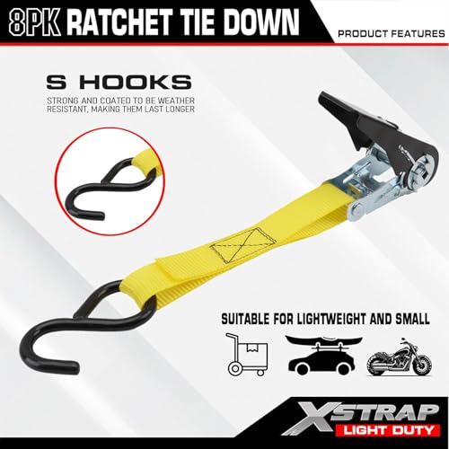 XSTRAP STANDARD 8-Pack Ratchet Tie Down Straps, 1" x 10ft, 900lb Break Strength Heavy Duty Straps for Motorcycles, ATVs, Lawn Equipment, Appliances & Truck Cargo - Yellow - color: Yellow