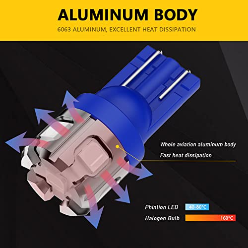 PHINLION 194 LED Light Bulb Blue Super Bright 168 2825 W5W T10 Wedge 6-SMD 3030 Chipsets LED Replacement Bulbs for Car Interior Map Dome Parking Door Courtesy License Plate Lights - color: Blue