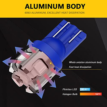 PHINLION 194 LED Light Bulb Blue Super Bright 168 2825 W5W T10 Wedge 6-SMD 3030 Chipsets LED Replacement Bulbs for Car Interior Map Dome Parking Door Courtesy License Plate Lights - color: Blue