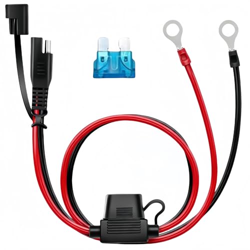 SAE Battery Connector 15AWG 2ft - SAE to O Ring Terminal with 15A Fuses, 2-Pin Quick Disconnect for Solar Panel, Motorcycle, Car, RV, Marine (12V/24V)