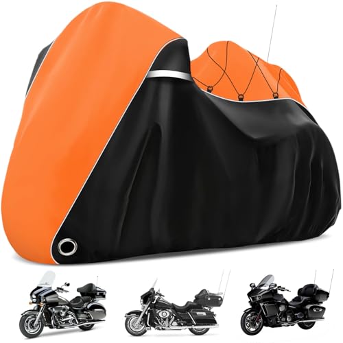 COVERVIN Motorcycle Cover with Side+Top Box Heavy Duty 420D Waterproof for Harley Davidson Ultra Ltd, Road Glide Ltd, Honda Gold Wing, Road Master, Indian, Indoor & Outdoor Storage (Black&Orange) - color: Black&Orange, size: 110"- Side+Top Box