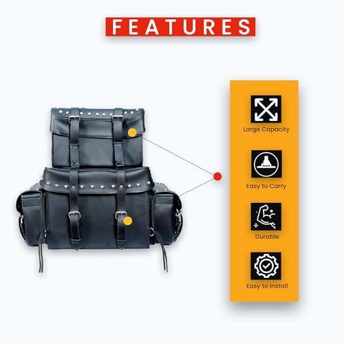 Leather Motorcycle Studded Sissy T Bar Bag - Weather Resistant Motorcycle 4 Piece Luggage Bag with Multiple Storage Compartments, Adjustable Mounting Rig, Removable Rain Cover (Black)