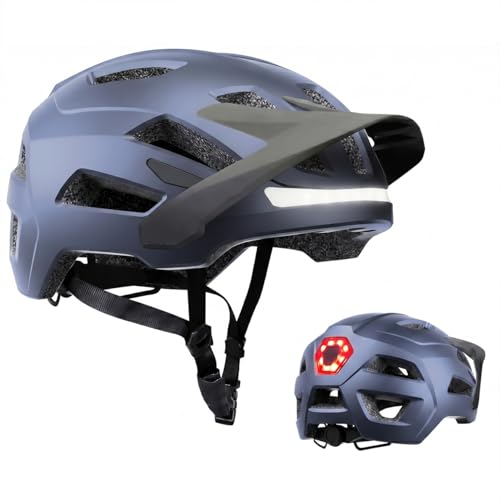 Bike Helmet, Helmets for Adults Men, Front and Back LED Lights Safe Certified MTB Road Bicycle Helmet with Adjustable Brim - color: Blue, size: L (59-61cm)