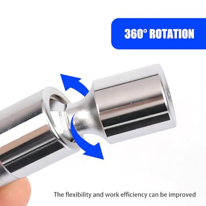 QODOLSI 1 PC Car Spark Plug Socket Ultra-Thin 14mm Wrench, 3/8" Drive 12-Point Spark Plug Socket Disassembly Tools, 360° Rotating Durable Steel Universal Joint, for Most Cars Motorcycles (Silver)