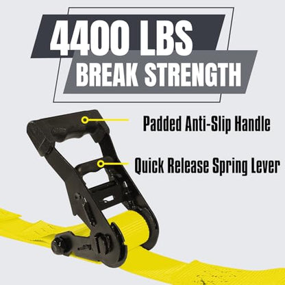 Ratchet Tie Down Straps, 1.5 inch x 12ft, 4400 LBS Break Strength for ATV, UTV, Motorcycle, Pickup Truck, Trailer, Rubber Coatded S-Hook and Soft Loop-4 Pack - color: Yellow