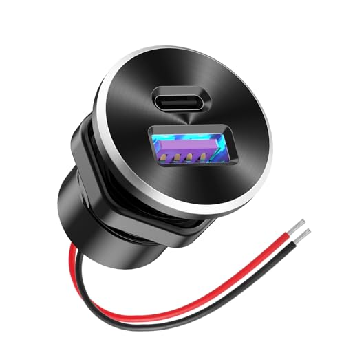 Mini 12V USB Outlet Aluminum Car Charger with PD30W and QC 18W Ports, 22mm Diameter Flush-Mounted Pre-Wired Cigarette Lighter Replacement Charger Socket for Car Boat RV Truck Motorcycle, etc.
