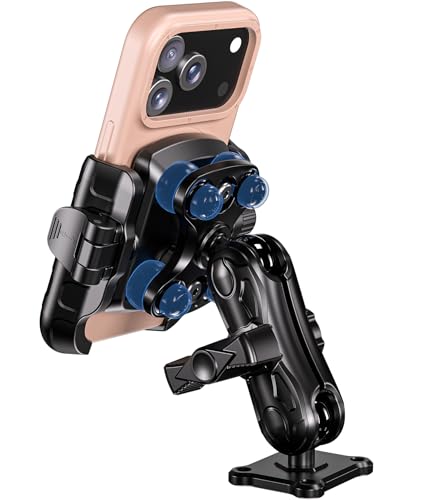 LOKTENWO Anti Vibration Phone Mount, 1s Lock & Release Phone Holder with Shock Dampener, Camera Friendly Aluminum AMPS Square Base Medium Arm for Car Motorcycle UTV Truck Boat, Fits 5.4"-7.2" Phones
