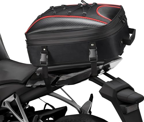ZZM Expandable Motorcycle Tail Bag, 22L-34L Waterproof Motorcycle Rear Seat Bag with Rain Cover, Dual Use Helmet Bags Storage Backpack for Motorbike Weekender Travel (Jet Black)