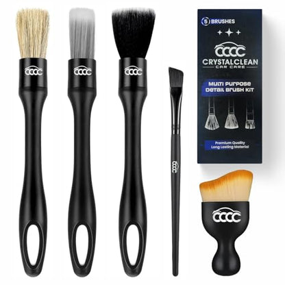 5 Pcs Car Detailing Brush Set – 2 Pcs Ultra-Soft for Delicate Leather, Screens & Trim, 2 Pcs Nylon for Wheels, Tires & Tough Dirt, 1 Pc Boar Hair for All-Purpose Interior & Exterior Detailing