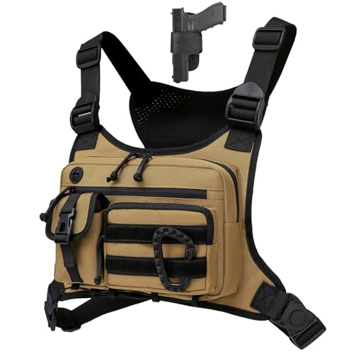 Muserise Outdoor Chest Bag For Men and Women, Tactical Vest For Running, Cycling, EDC Chest Pack Rig For Sports and Workouts - color: Khaki