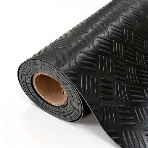 StellarStar 4x20 FT Garage Floor Mat, 2mm Thickened Ribbed PVC Diamond Plate Garage Mat with 20PCS Tapes, Rubber Flooring Rolls for Under Car, Rubber Motorcycle Mat for Golf Cart, Trailer, Black - color: Black(4-Tier Diamond), size: 4x20 FT