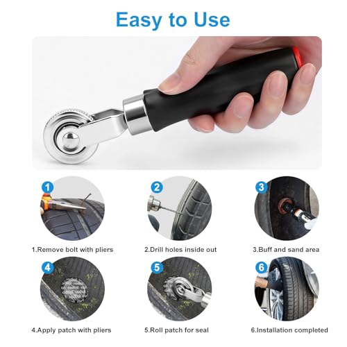 Linkstyle Tire Repair Tools Set, Tire Puncture Repair Prep Kit with Reamer Drill Bits, Buffer Wheel & Patch Roller, Tubeless Tire Repair Tools for Car Truck Motorcycle ATV