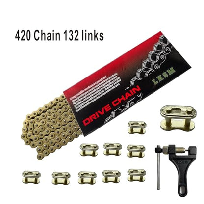 420 Motorcycle Gold Chain 132 Link Standard Roller Chain with Chain Breaker 10 Connecting Master Link for 100cc 110cc 125cc Dirt Pit Bike ATV Quad Go Kart Scooter