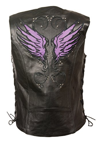 Milwaukee Leather MLL4505 Women's Black Leather Side Lace Motorcycle Rider Vest- Reflective and Studded Black Wings - color: Purple, size: 4X-Large
