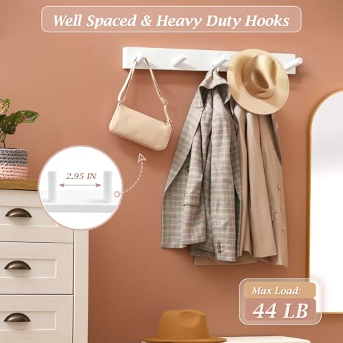 Coat Rack Wall Mount, Wooden Coat Hanger with 5 Hooks, Heavy Duty, White, 1 Pcs - color: White