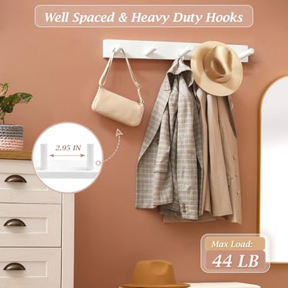 Coat Rack Wall Mount, Wooden Coat Hanger with 5 Hooks, Heavy Duty, White, 1 Pcs - color: White