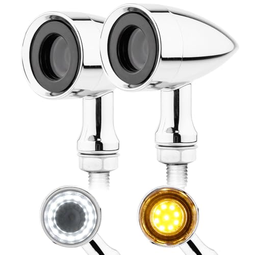 TSUNG Universal Motorcycle LED Turn Signals Lights Small Bullet Front Rear Blinkers Tail Lights for Cruiser Chopper Bobber Cafe Racer Street Bike (RING-Chrome, White&Amber) - color: RING-Chrome, size: 2PCS Front
