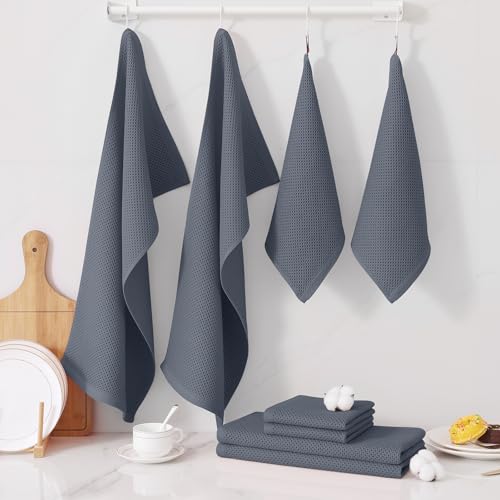 Homaxy 100% Cotton Kitchen Towels and Dishcloths Set, 12 x 12 Inches and 13 x 28 Inches, Set of 8 Bulk Kitchen Towels Set, Ultra Soft Absorbent Dish Cloths for Washing Dishes, Dark Grey - color: Dark Grey, style: 8-Piece Set