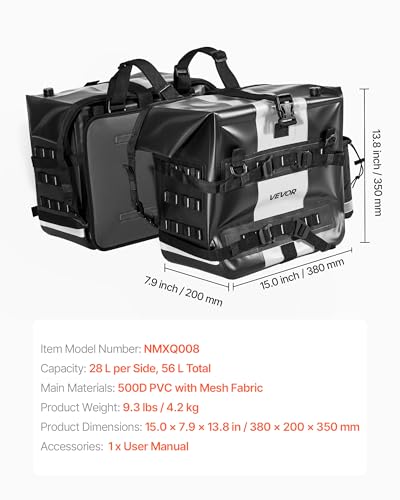 VEVOR Motorcycle Saddle Bags, 56L(28L*2) Waterproof Motorcycle Luggage Saddlebags Set of 2 with Detachable Shoulder Strap, Heavy-Duty Shoulder Bag Fit for Most Outdoor Adventure Sports Motorbike