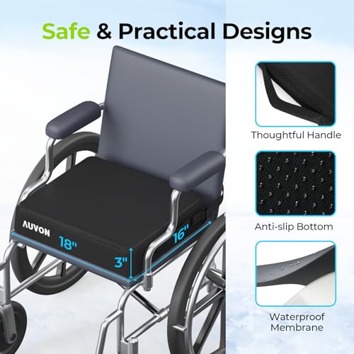 AUVON Cooling Gel Wheelchair Seat Cushion for Long Sitting, Memory Foam Seat Cushion for Tailbone & Back & Sciatica Relief, Breathable Chair Cushion with Strap for Car, Office, Home, Anti-Slip