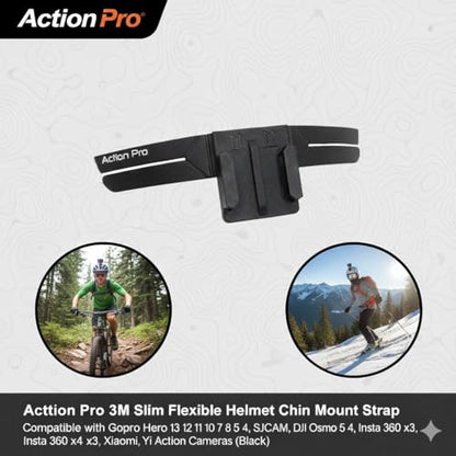 Action Pro 3M Slim Flexible Helmet Chin Mount Strap Compatible with GoPro Hero 13 12 11 10 9 8 7 6 5 4, SJCAM, DJI Osmo 5 4, Insta 360 x4 x3, SJCAM, Xiaomi, Yi Action Cameras (Black)