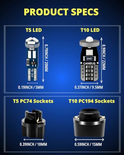 WLJH 40 Pack T10 & T5 LED Bulbs With Sockets, 194/168/W5W/2721/74, Non-Polarity, Dimmable, for Interior Instrument Cluster, Dome, Map, Vanity Mirror, Glove Box,License Plate Lights, 300 LM Green - color: Green