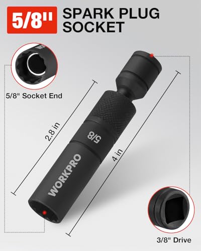 WORKPRO 5/8" Swivel Magnetic Spark Plug Socket 12-Point, 1mm Thin Wall, 360 Swivel, 3/8" Drive x 4", Black Phosphate Finish, Anti-Slip Knurled Grip - size: 5/8"×3/8"×4"
