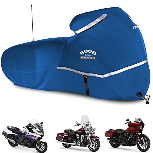 Motorcycle Cover with Side Box Heavy Duty 600D Waterproof for Touring Models Harley Davidson Road King,Road Glide,Street Glide, Electra Glide,Low Rider-ST Indoor & Outdoor Storage Blue - color: Blue, size: Side Box