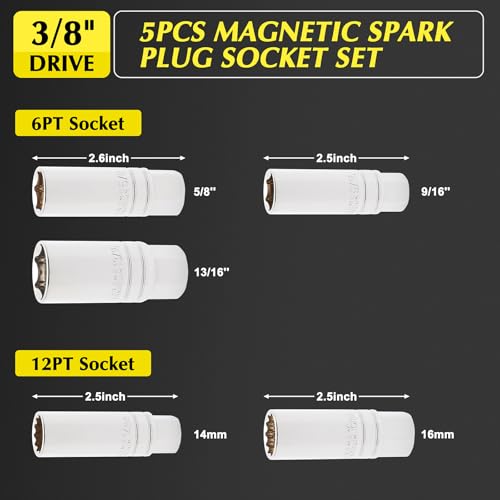 EMENTOL 5PCS 3/8" Drive Magnetic Spark Plug Socket Set, CR-V, Includes 14mm, 16mm Thin Wall Sockets and 9/16", 5/8", 13/16" - size: 5-Piece Set (Magnetic)