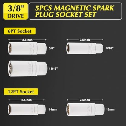 EMENTOL 5PCS 3/8" Drive Magnetic Spark Plug Socket Set, CR-V, Includes 14mm, 16mm Thin Wall Sockets and 9/16", 5/8", 13/16" - size: 5-Piece Set (Magnetic)