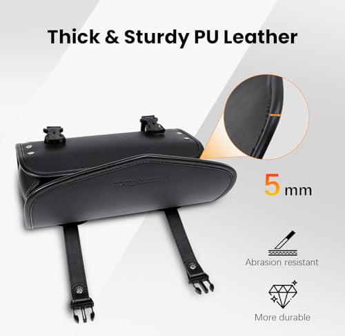 Motorcycle Tool Fork Bag Waterproof PU Leather Roll Bag Universal Front Fork Handlebar Sissybar Storage Suitable for Harley Honda Suzuki Kawasaki (Black Classic Buckle)