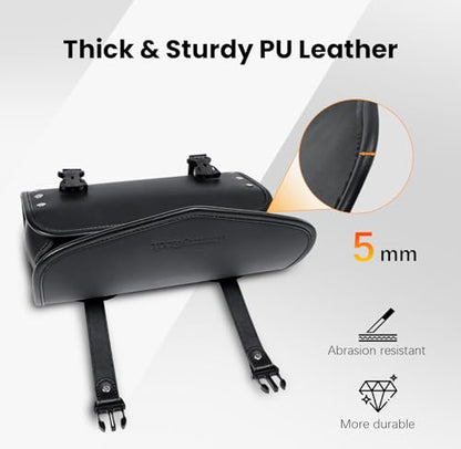 Motorcycle Tool Fork Bag Waterproof PU Leather Roll Bag Universal Front Fork Handlebar Sissybar Storage Suitable for Harley Honda Suzuki Kawasaki (Black Classic Buckle)