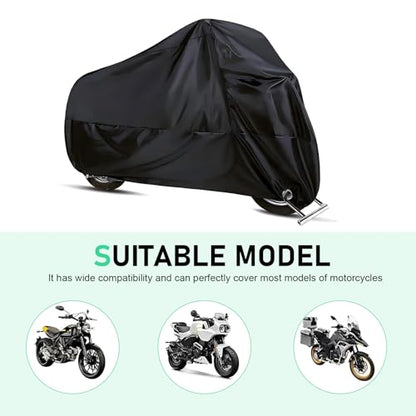 Motorcycle Cover, All-season Waterproof Protective Outdoor Shield with Lock-holes, Polyester Motorbike Cover with Storage Bag, for Up to 49.2" x 96.5" Motorcycles (Black)