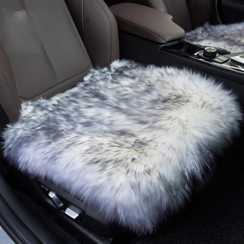 Winter Warmth: Universal Sheepskin Seat Cushion Cover - Natural Wool, for Cars, Trucks, SUVs & Vans - Cozy & Stylish Driving Companion Front Grey Tips - color: Grey Tips (Patchwork Style), size: Front Seat (18inch*18inch)