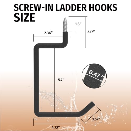 HUHOLE 4 Pack 5.7 Inch Screw in Ladder Hooks for Garage Wall | Utility Hangers with 65 lb Capacity for Ladders, Chairs, Bikes, Hoses, Wheelbarrows and Wall Mount Storage - size: 5.7'' (Width:4.72'')