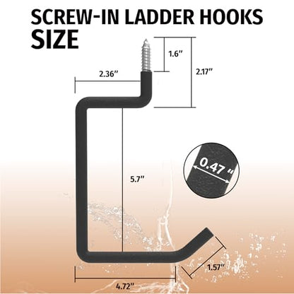 HUHOLE 4 Pack 5.7 Inch Screw in Ladder Hooks for Garage Wall | Utility Hangers with 65 lb Capacity for Ladders, Chairs, Bikes, Hoses, Wheelbarrows and Wall Mount Storage - size: 5.7'' (Width:4.72'')