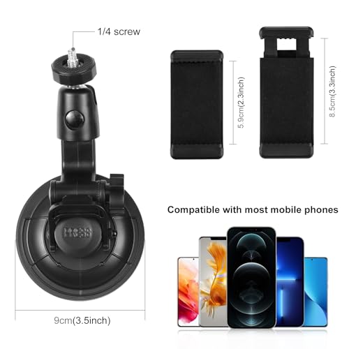 PULUZ Car Suction Cup Mount for GoPro/Insta 360/DJI Osmo Action Camera Vehicle Window & Windshield Mount Holder Camera Mount with 2.3-3.3 inch Phone Clamp & Tripod Adapter - size: 9cm/3.5inch Suction Cup