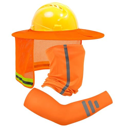 TCCFCCT Hard Hat Sun Shade, Full Brim High Visibility Sun Visor Neck Shield and Bandana Face Scarf with Construction Arm Sleeves, 3 Packs, Orange, Large, TCMY-01 - color: Sun Shade 1+bandana 1+sleeves 1pair Orange