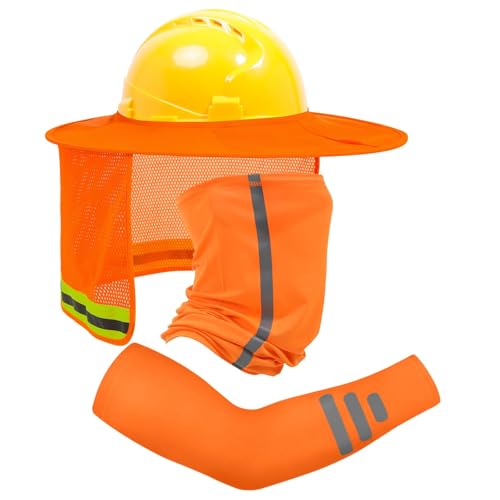 TCCFCCT Hard Hat Sun Shade, Full Brim High Visibility Sun Visor Neck Shield and Bandana Face Scarf with Construction Arm Sleeves, 3 Packs, Orange, Large, TCMY-01 - color: Sun Shade 1+bandana 1+sleeves 1pair Orange