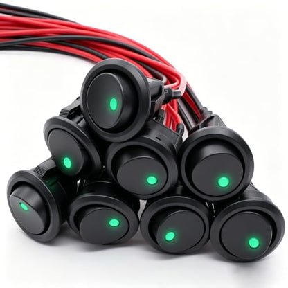 Twidec/8Pcs SPST Round Dot Lighted Rocker Switch Toggle Control for Car Or Boat 20A 12V DC On/Off Green LED Light with Pre-soldered Wires KCD2-102N-G-X - color: Green LED-Round