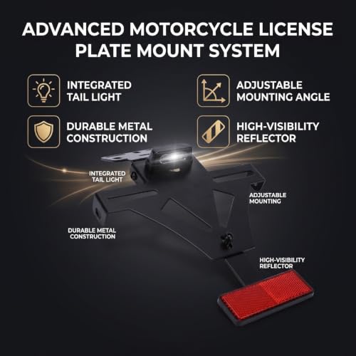 Aramox Motorcycle License Plate Holder with Integrated Tail Light Turn Signal Brackets and Reflector for Universal Fit Motorcycles Adjustable Angle Visibility