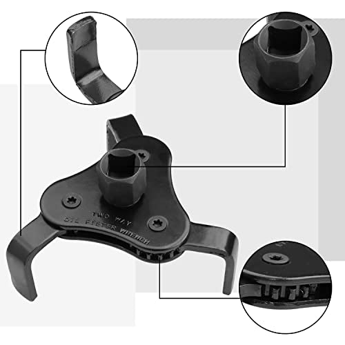 Universal Adjustable Oil Filter Wrench, Carbon Steel, Black, 1/2 & 3/8 Inch Square Drive Socket, 3-Jaw & 2-Way Design - style: Universal