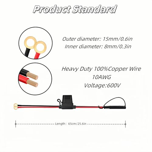 SAE Battery Connector 15AWG 2ft - SAE to O Ring Terminal with 15A Fuses, 2-Pin Quick Disconnect for Solar Panel, Motorcycle, Car, RV, Marine (12V/24V)