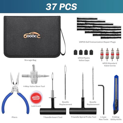 GOOACC Tire Repair Kit, 37 PCS Tire Plug Kit, Tubeless Tire Puncture Repair Tool for Car, Motorcycle, ATV, Tractor, Lawn Mower - size: 37PCS