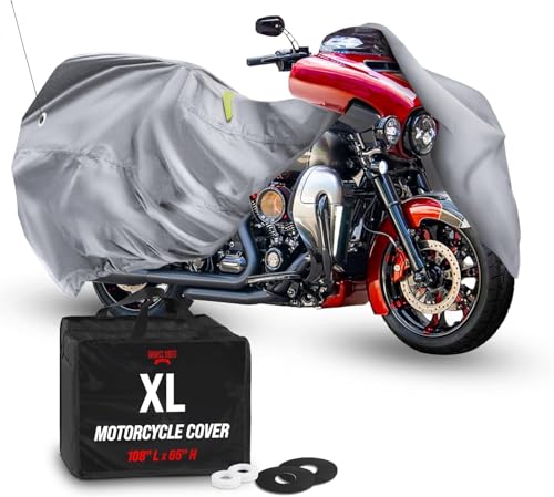 Badass Moto - Extra Large Motorcycle Cover Waterproof Outdoor, Heavy Duty Motorcycle Cover for Harley Davidson Night Reflective Motorcycle Covers (108” Full Dressers, Tourers) Light Gray, X-Large - color: Light Gray, size: [XL] 108"L x 42"w x 60"H